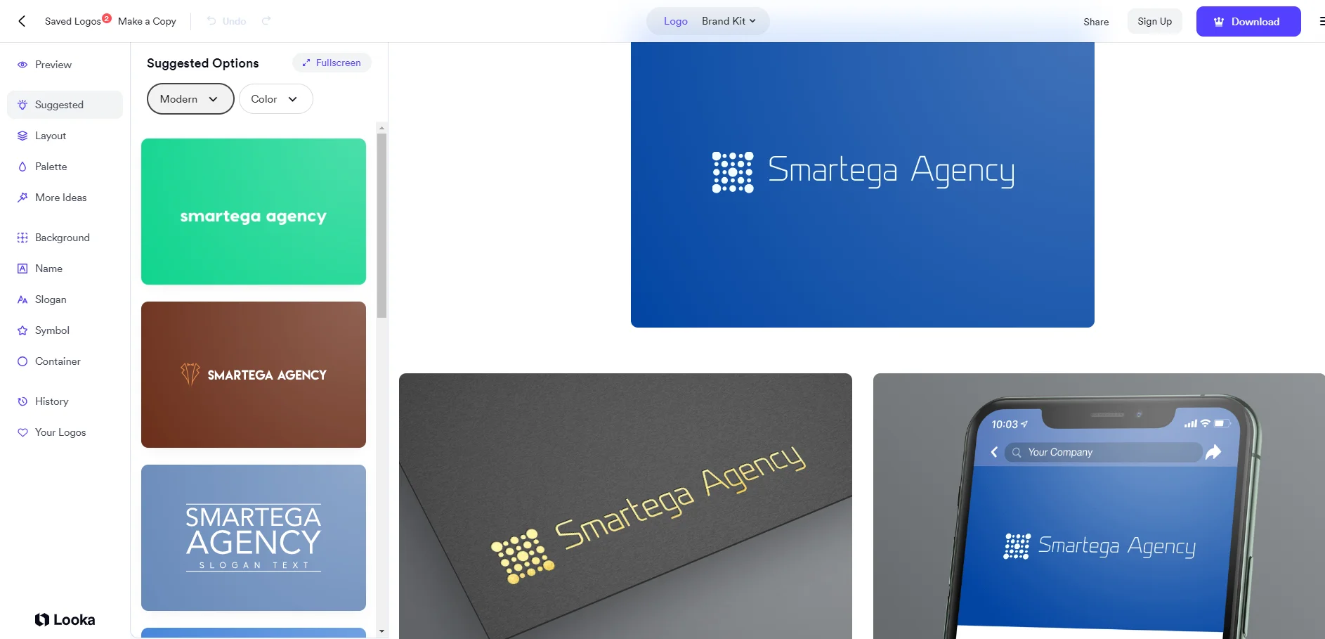 Looka Logo Maker - Interface de génération de logos avec différents styles et options