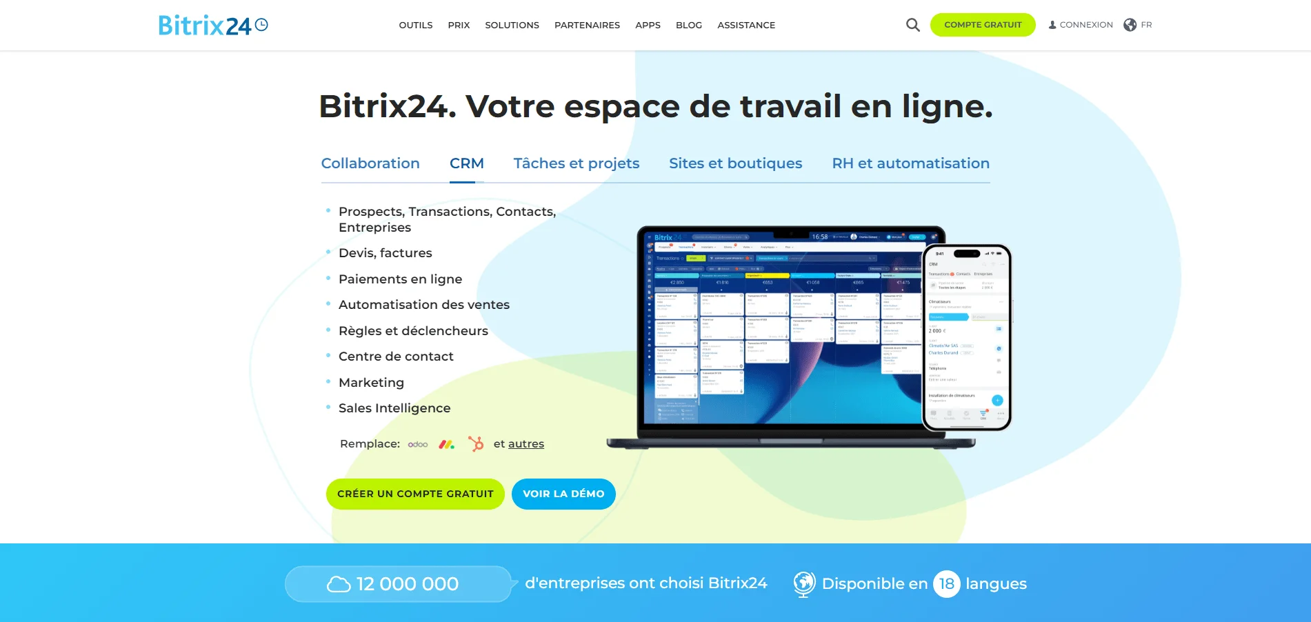Capture d'écran de la page d'accueil de Bitrix24 présentant ses fonctionnalités de CRM, tâches et projets, sites et boutiques, RH et automatisation, avec une image d'un ordinateur portable et d'un téléphone affichant l'interface utilisateur de Bitrix24.