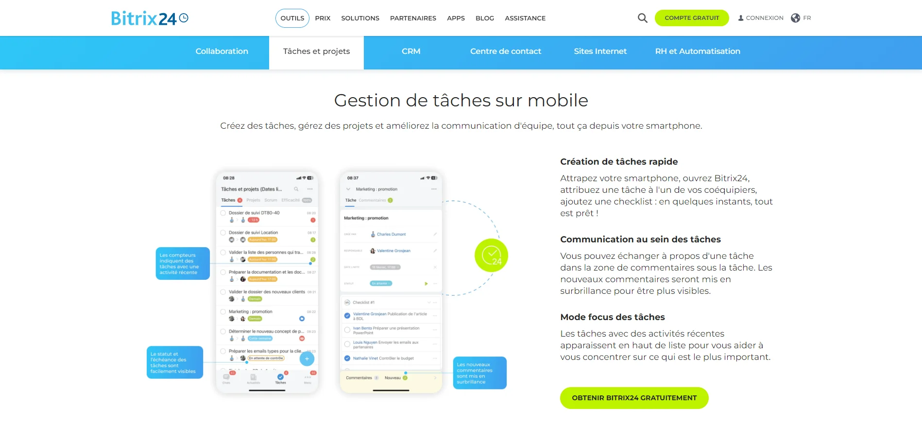 Capture d'écran de la page de gestion de tâches de l'application mobile Bitrix24, montrant deux smartphones avec des listes de tâches et des fonctionnalités de communication d'équipe.