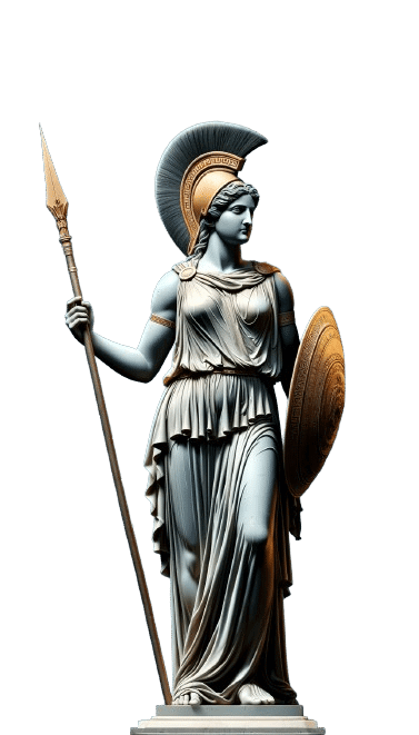 Statue d'Athéna pour la newsletter 'L'Athéna', déesse grecque de la sagesse et de la guerre, avec casque, lance et bouclier.