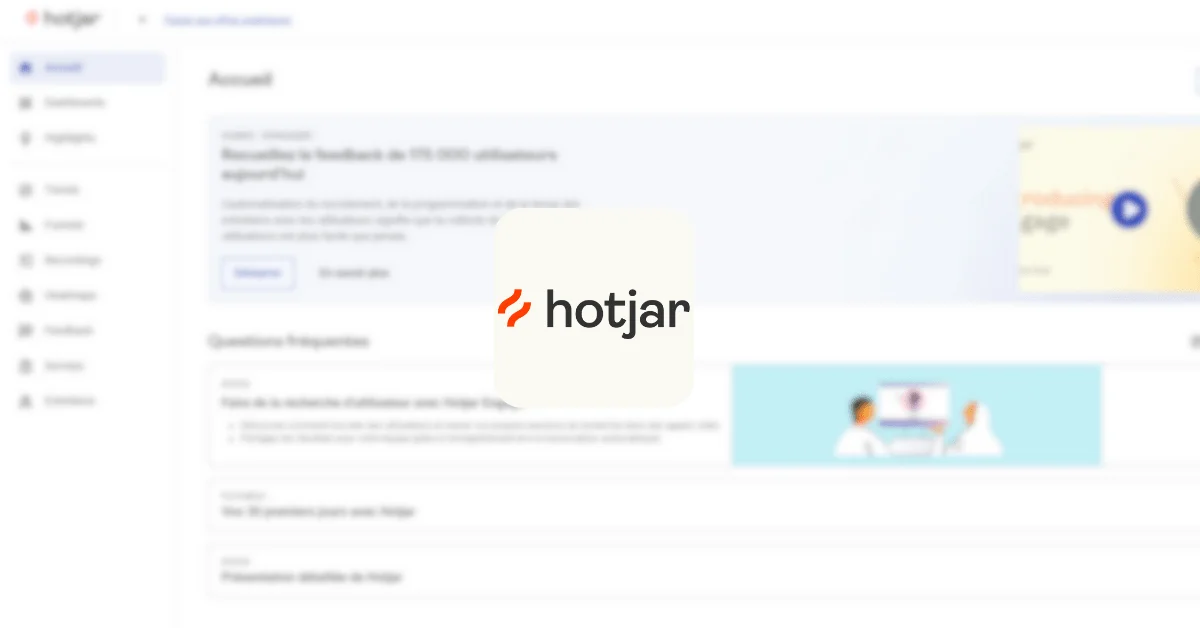 Capture d'écran de l'interface Hotjar montrant des tableaux de bord et des fonctionnalités de feedback utilisateur avec le logo Hotjar au centre.