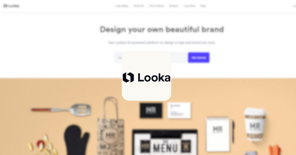 Capture d'écran de l'outil Looka, montrant le logo Looka et un aperçu d'une marque créée avec l'outil.