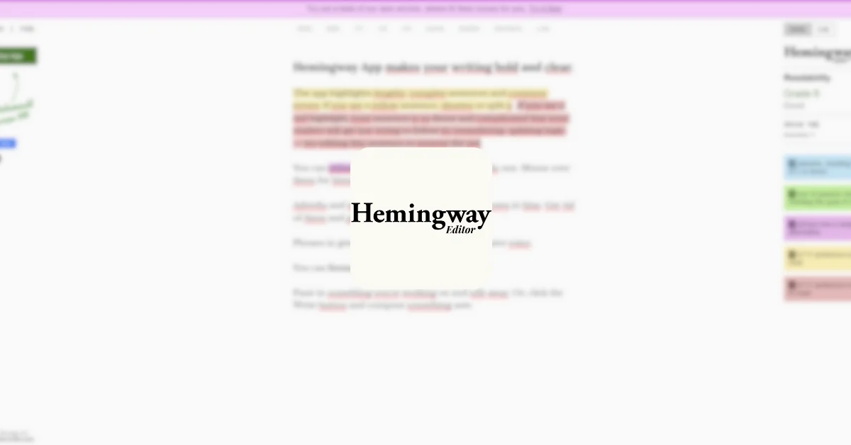 Capture d'écran de l'interface Hemingway Editor montrant des suggestions pour simplifier et clarifier le texte avec le logo Hemingway au centre.