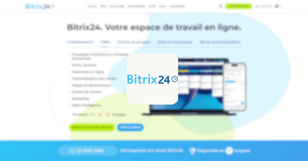 Image floue avec un focus sur le logo central 'Bitrix24', suggérant une page web promotionnelle pour Bitrix24, une plateforme de collaboration et de gestion de travail en ligne.