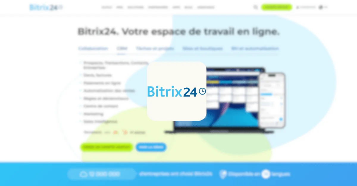 Image floue avec un focus sur le logo central 'Bitrix24', suggérant une page web promotionnelle pour Bitrix24, une plateforme de collaboration et de gestion de travail en ligne.