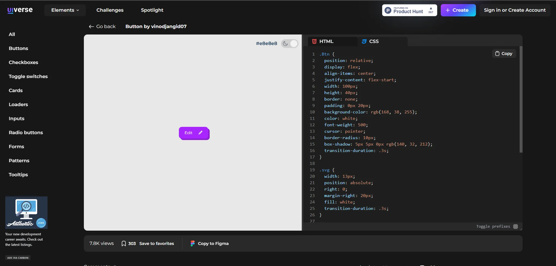 Capture d'écran de la bibliothèque Uiverse, montrant un bouton avec le code HTML et CSS correspondant.