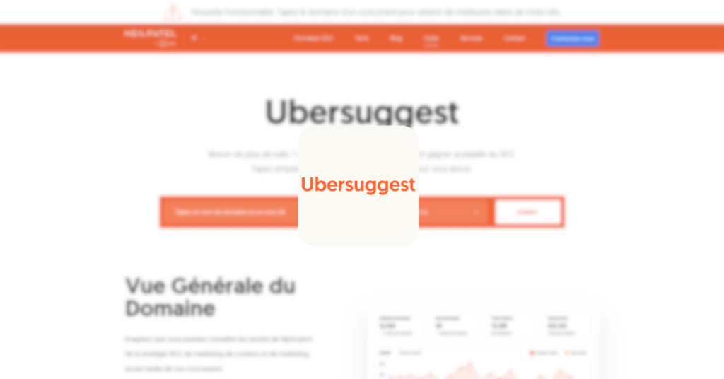 Capture d'écran de la page d'accueil d'Ubersuggest, affichant le nom de l'entreprise, le slogan "Découvrez le potentiel de votre site web", et une barre de recherche pour entrer un nom de domaine ou une URL.