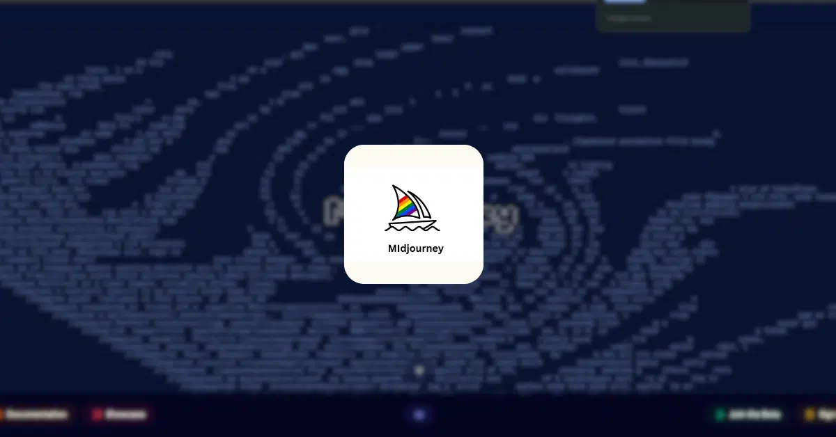 Capture d'écran de l'interface de Midjourney montrant un design artistique généré par IA avec le logo Midjourney au centre.