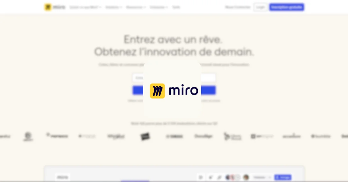 Un logo Miro flou sur un fond flou. Le logo est bleu et jaune.