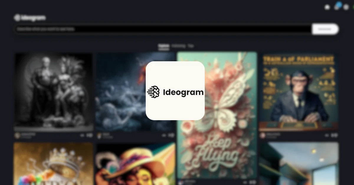 Un idéogramme représentant un oiseau en vol s'envole au-dessus du logo d'Ideogram, symbolisant la créativité et la transformation des idées en images.
